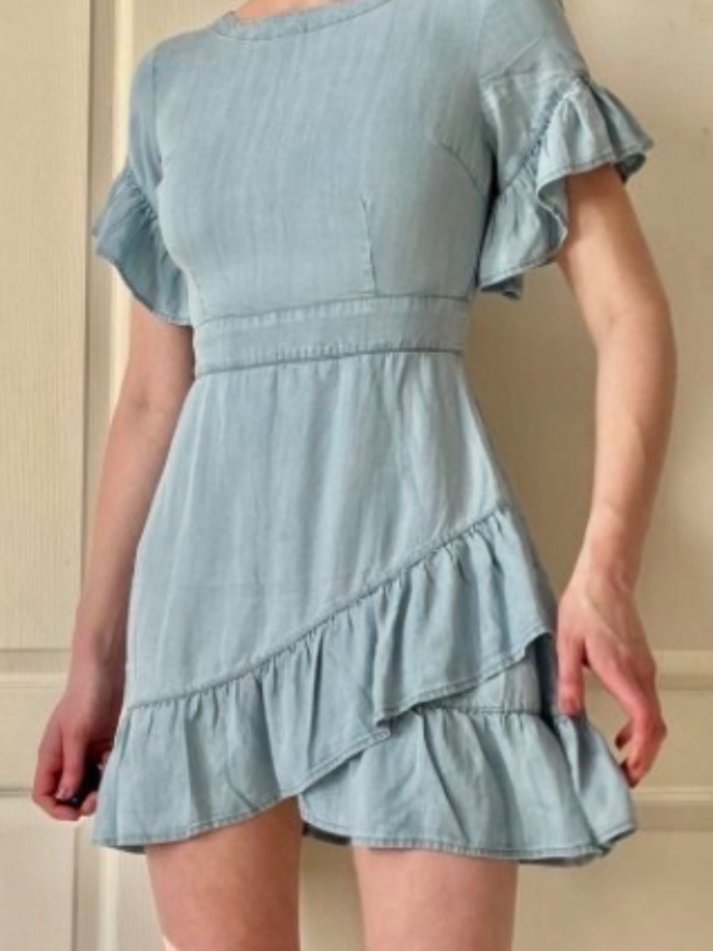 BB Dakota Chambray Denim Powder Blue Ruffle Mini Dress NWT
